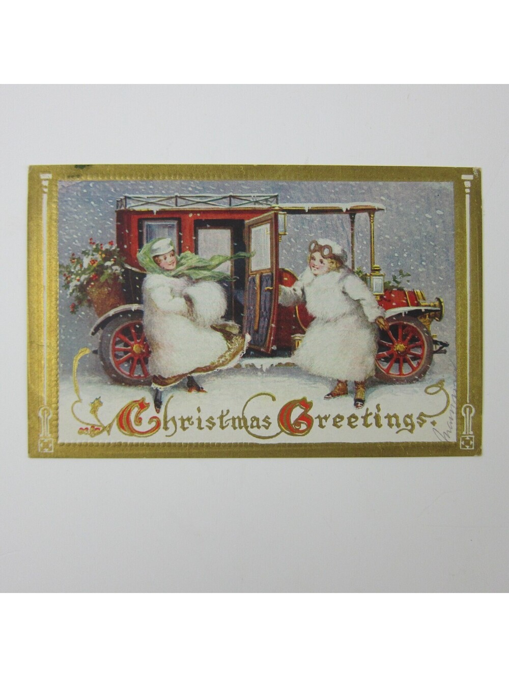 Christmas Postcard Antique Car Auto Lady White Fur Coat Goggles Snow Gold Emboss